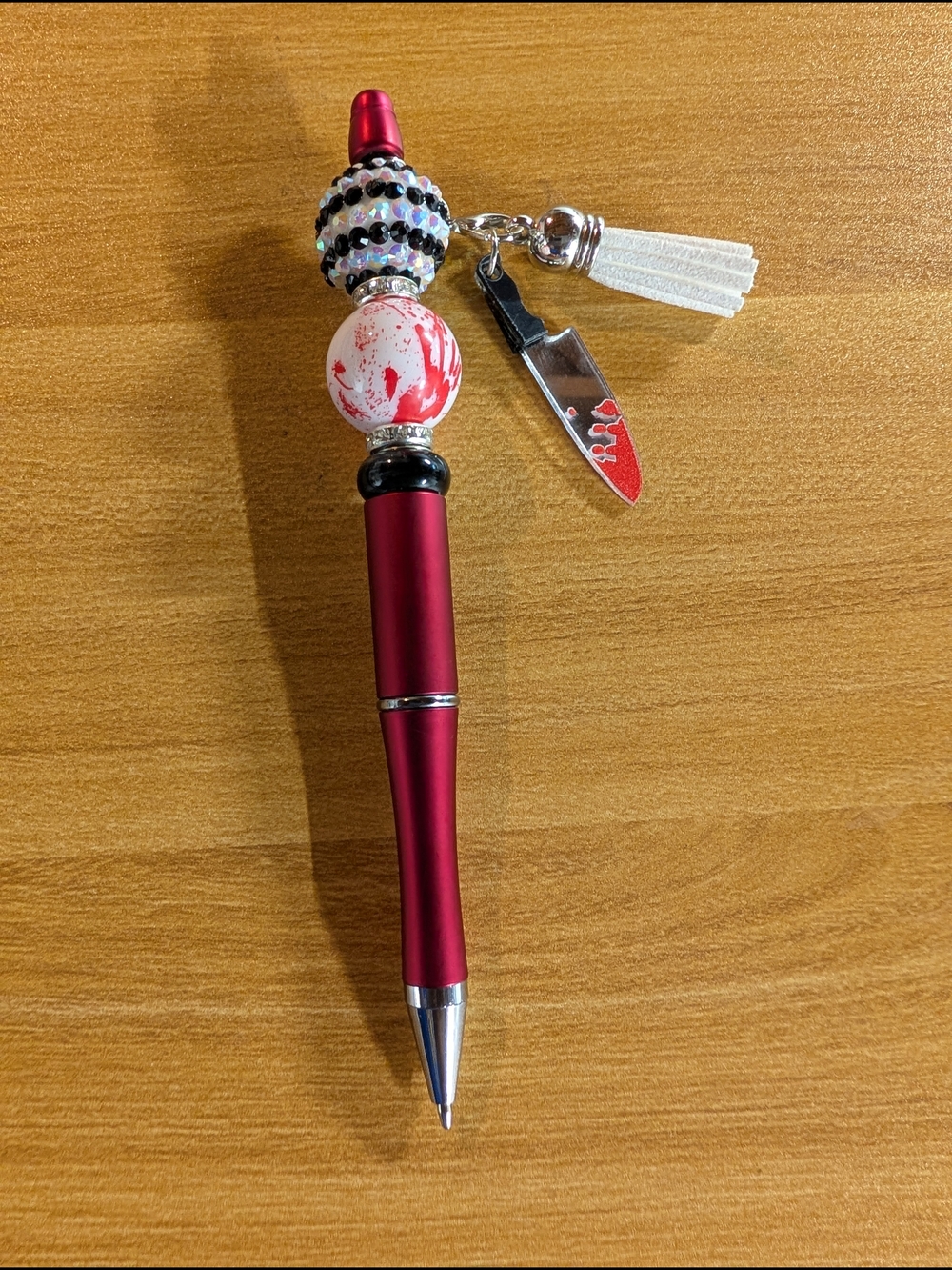 Hand Crafted Red Beaded Tassel Pen with Silver Accents